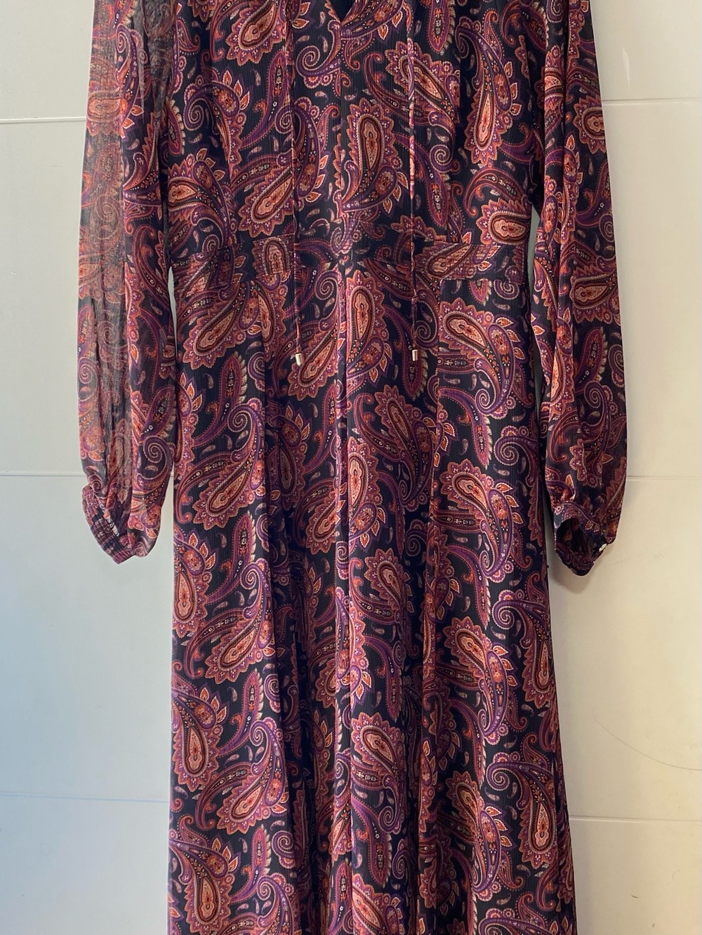 NWOT TOMMY HILFIGER Long Sleeve Maxi Dress, Tie Neck, Elastic Waist, Lined